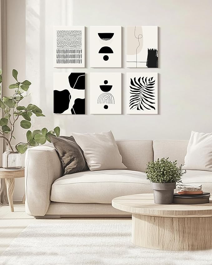 KUVIOKE Black Abstract Framed Wall Art Boho Room Decor Set of 6 Minimalist Geometric Line Art Bohemian Mid Century Modern Prints for Bedroom Living Room 12x16in (Framed)