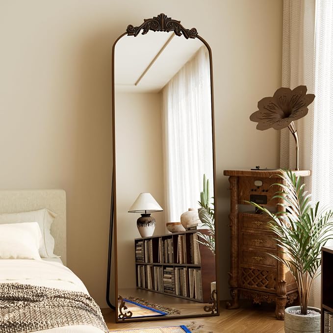 HARRITPURE Vintage Full Length Mirror - 64"x21" Arched Large Floor Standing Mirrors, Baroque Carved Aluminum Frame for Bedroom, Living Room, Entryway,Bronze