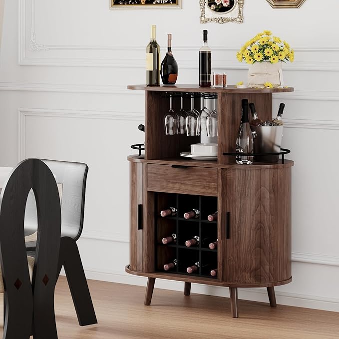Wine Bar Storage Cabinet, Coffee bar Cabinet for Liquor with Open Wine Rack & Sliding Doors, Modern Home Bar for Living Room, Kitchen, Dining Room (Walnut)