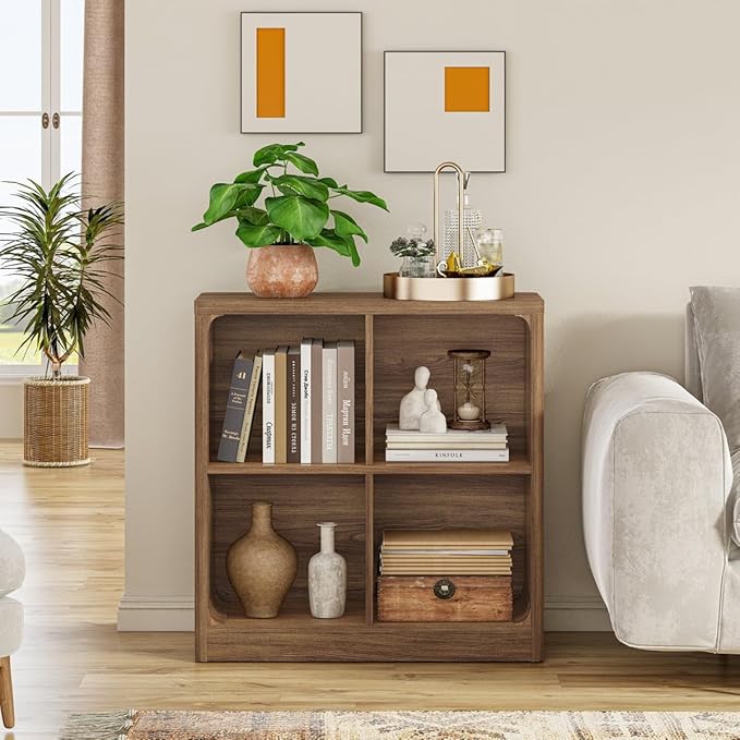 FATORRI 4 Cube Storage Bookcase, Rustic Wood Cube Bookcase Shelf Organizer, Small Storage Bookshelf for Living Room, Bedroom, Office (Walnut, 29.53" W)
