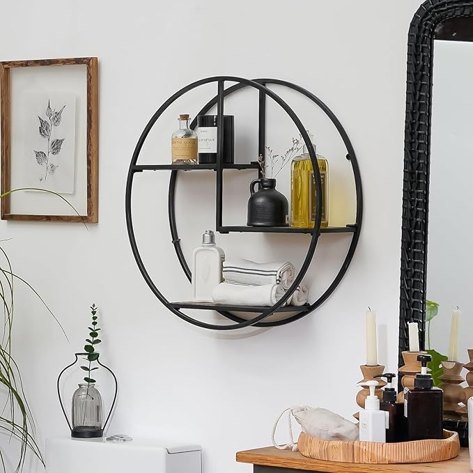 Industrial Style Round Wall Shelves - 3 Tier Metal Hanging Circle Floating Shelves for Bathroom Living Room Wall Decor, 21 Inch
