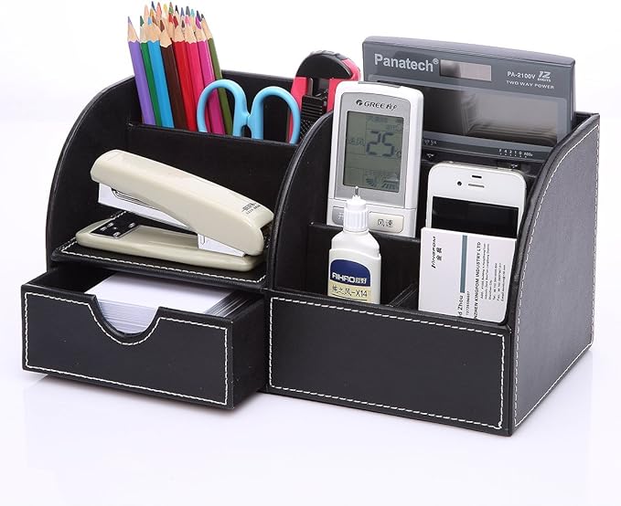 KINGFOM Pu Leather Desk Organizers and Accessories, 8 PCS/SET Office Supplies Organization with Magazine Files Holder, Stackable Paper Tray, Desktop Organizers with Drawer for Home Office School Black