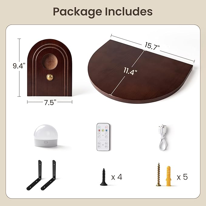 AELS Mid-Century Modern Floating Shelf with Rechargeable Type-C LED Wall Light, Space-Saving Wooden Wall Mounted Bedside Shelf for Bedroom or Dorm, Brown