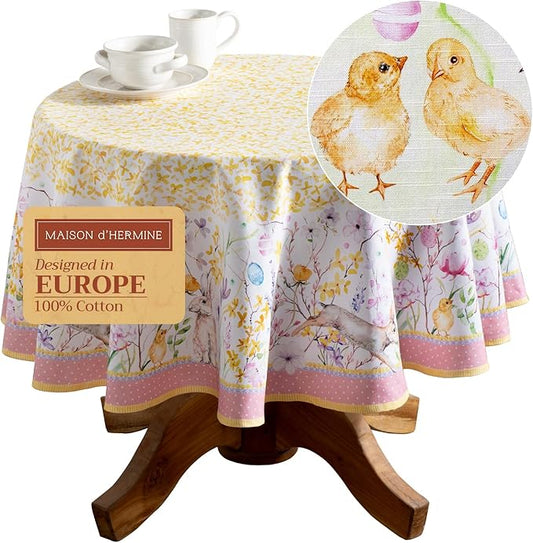 Maison d' Hermine Table Cloth Round Table 100% Cotton 63 Round Inches Tablecloth Reusable Decorative for Dining Room Farmhouse Home Valentines Day Decorations Spring Summer - Easter Zest