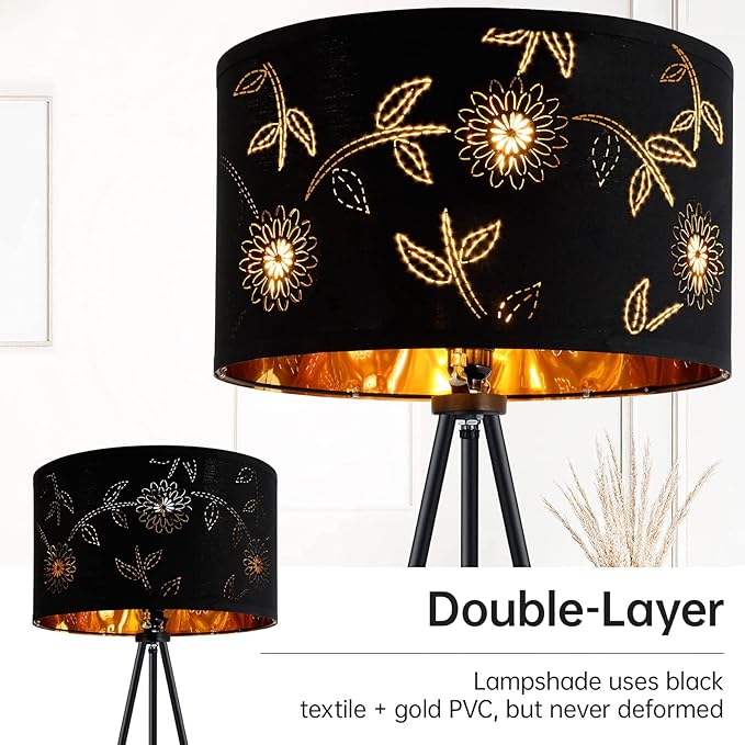 BoostArea Flower Tripod Floor Lamp, Mid Century, 8W LED Bulb, Decorative Lamp Shade, Black Metal Pole, Suitable for Living Room, Bedroom, Study, Office