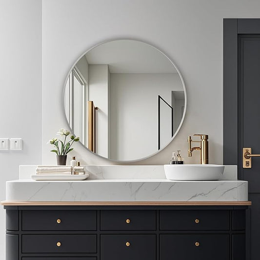 Round Mirror, Wall Mounted Circle Mirror with Brushed Metal Frame, Circular Mirrors for for Bathroom, Living Room, Vanity, Bedroom, Entryway, 30inch, Silver
