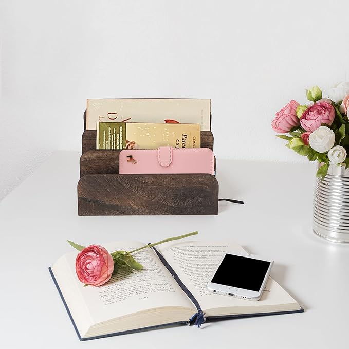 File Holder for Desk,Wood Paper Organizer,Rustic Desk Organizer,Mail Sorter for Desktop,Organizer for Counter,Letter Organizer for Document/Filing/Folders/Paper,Darkbrown