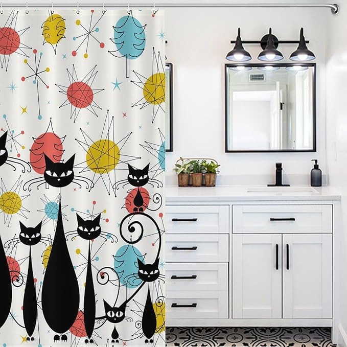 Mid Century Shower Curtain Christmas Tree Atomic Black Cat Aesthetic Patterned Duty Fabric Shower Curtains Set Bathroom Polyester Waterproof with 12 Hooks, 55x72Inch（140x183cm）