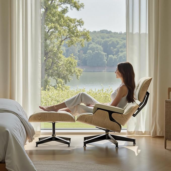 Top Cream White Grain Leather, Mid Century Chaise Lounge Chair and Ottoman, Modern Chair Classic Design, Ash Wood, Heavy Duty Base Support for Living Room Office