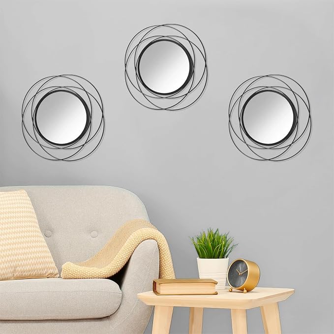 3 Set Black Wall Mirror Black Small Round Decorative Mirrors, Circle Metal Art Mirror Home Decor Bathroom Vanity, Living Room or Bedroom 12”