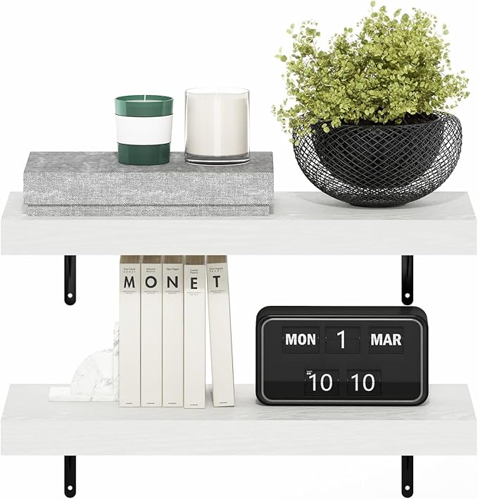 Furinno Tanna Floating Shelves for Wall Set of 2, 22-Inch Wall Shelf, Triple Thick Floating Mounted Shelf, for Bathroom, Home Office, Living Room, White Texture