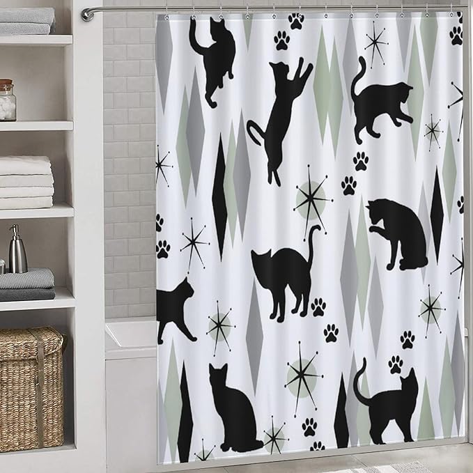 Mid Century Modern Shower Curtain for Bathroom, Rustic Abstract Geometric Black Cat Atomic Green Kittey Retro 1950s 1960s Waterproof Fabric Shower Curtain Set with Hooks, 72"x78"