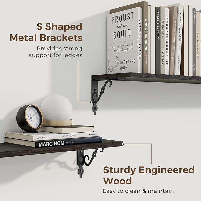 RICHFOCUS Floating Shelves for Wall Decor, 8 Inch Deep Shelves Set of 2, 16W x 8D Floating Shelves Wall Mounted with Metal Brackets, Rustic Wood Shelves for Living Room Bedroom Kitchen, Black