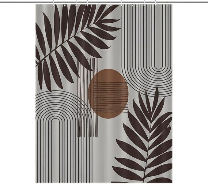 Mid Century Abstract Boho Shower Curtain Geometric Neutral Beige Modern Leaf Plant Semicircle Art Waterproof Shower Curtains for Bathroom Decor 12 Pack Hooks 55x72in（140x183cm）
