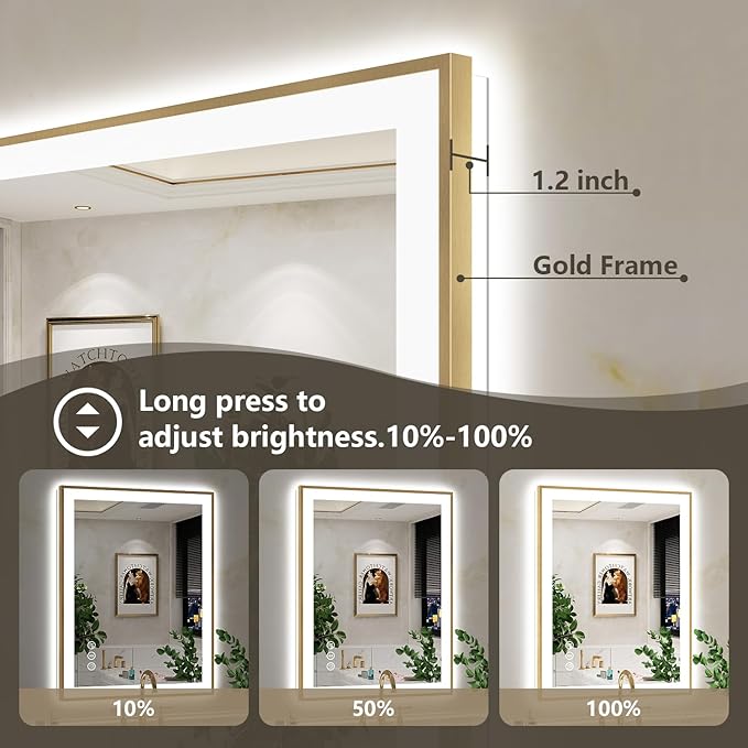 36x30 Inch LED Bathroom Mirror with Lights (Front Lit and Backlit) Gold Framed Lighted Vanity Mirror for Bathroom Wall Dimmable Anti-Fog Memory Tempered Glass Horizontal/Vertical