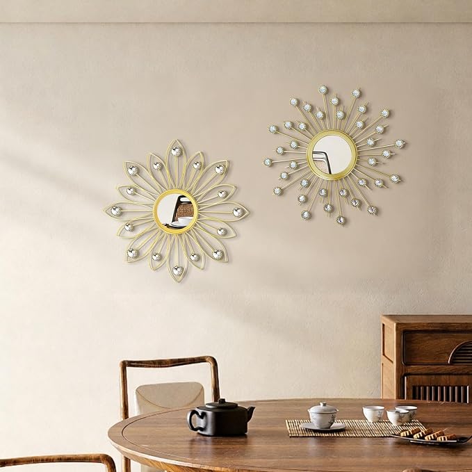 2 Pack Metal Mirrors for Wall Boho Sunburst Wall Mirror Home Decor Modern Decorative Wall Art for Bedroom Living Room Entryway