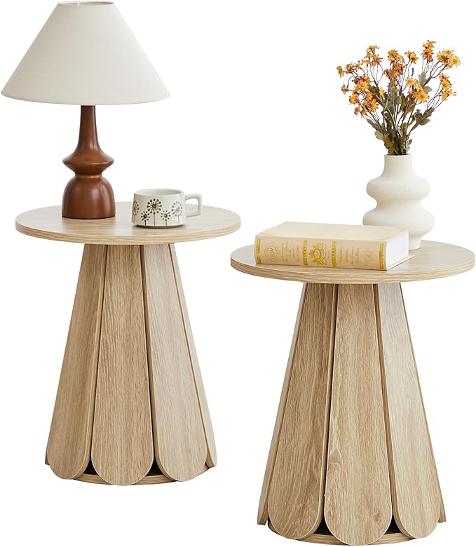 Round End Table Nightstand, Mid Century Modern Side Table, Circle Bedside Tables Wood Night Stand for Bedroom, Living Room, Small Space, Natural