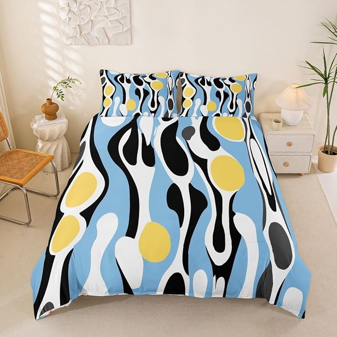 Erosebridal Mid Century Modern Abstract Duvet Cover Set Vintage Geometric King Bedding Set for Adult Men Contemporary Organic Shapes Comforter Cover Squiggle Blob Bed Sets,Blue Yellow