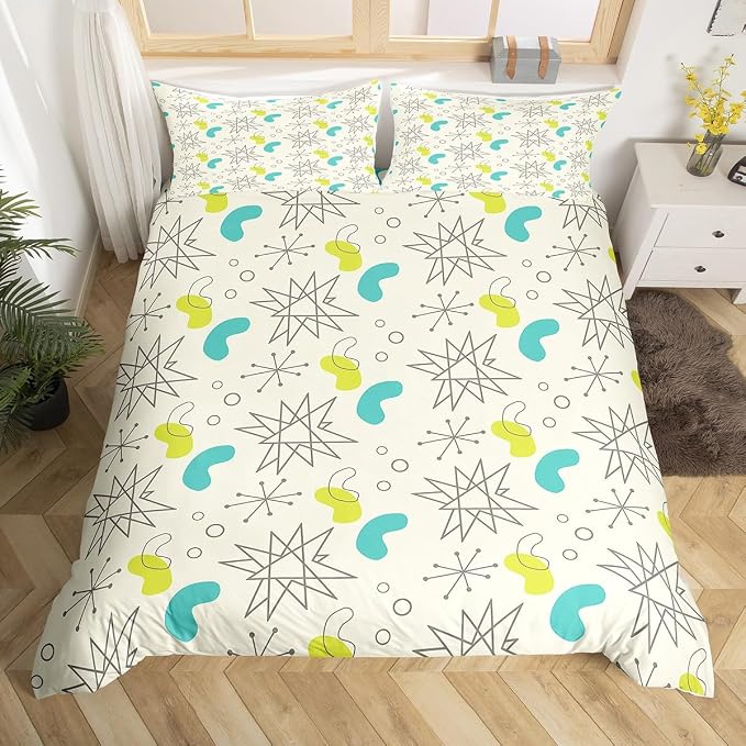 Erosebridal Hippie Minimalism Bed Set Fifties Old Fashion Duvet Cover, Abstract Atomic Art Bedding Set Twin Beige Teal Aesthetic Comforter Cover, Modern Mid Century Bed Cover with 1 Pillowcase