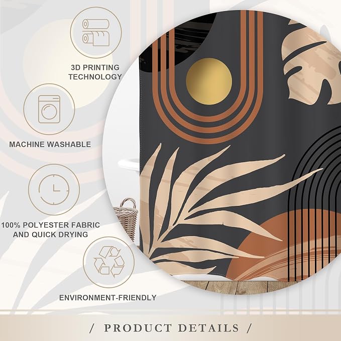 Glawry Black Boho Mid Century Shower Curtain Abstract Beige Leaves Minimalist Simple Aesthetic Arch Sun Modern Bathroom Botanical 72Wx72L Inches Bath Accessories Art Home Decor Fabric 12 Pack Hooks