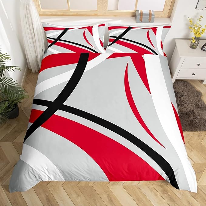 Geometric Circle Duvet Cover Modern Retro Grommet Bedding Set for Kids Boys Girls Decor Grey Red Black White Stripes Comforter Cover Abstract Stripe Line Art Bed Set 3Pcs Queen Size (No Comforter)