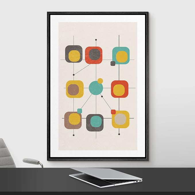Woodrose Framed Canvas Print Wall Art Geometric Retro Color Block Variety Abstract Shapes Illustrations Modern Minimalist Chic Relax/Calm Multicolor for Living Room, Bedroom, Office - 16"x24" Black