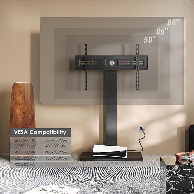 FITUEYES Iron Base Floor TV Stand with Power Strip, Tall TV Stand with Swivel Mount for 50-85 Inch Plasma Flat Panel or Curved Screen TVs Height Adjustable Wire Management(White,with Power Outlet)