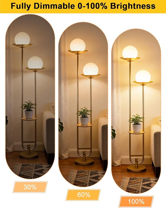 Lightdot 63IN Gold Floor Lamp 2 Globe Mid Century Standing Lamps Dimmable with 3000K Warm White LED Bulbs Unique Vintage Tall Floor Lamp with 5Lbs Heavy Base for Living Room/Wedding/Party