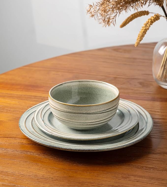 GBHOME Ceramic Dinnerware Sets,12 pcs Embossed Elegant Stoneware Plates and Bowls Sets, Housewarming Wedding Gift | Dishwasher & Microwave Safe | Dishes Set Service for 4