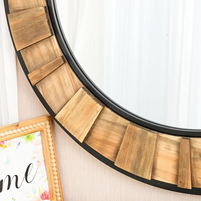 ZIYOO Round Wood Mirror 30", Metal & Wooden Frame Decorative Wall Mirror for Bathroom Vanity, Bedroom Living Room Entryway (Wood and Metal,30")
