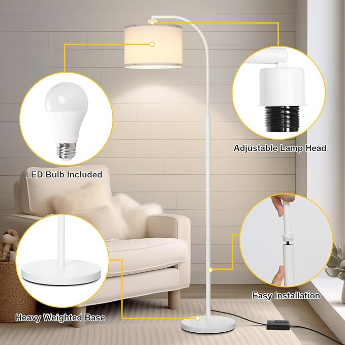 Floor lamps for Living Room, White Arc Floor Lamp with Stepless Dimmer, Modern Standing Lamp with Adjustable Drum Shade, Tall Pole Lamp for Bedroom Study Room Office, 9W 3000K LED Bulb Included