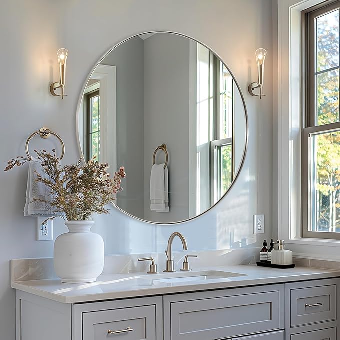 ANDY STAR Silver Round Mirror, 32" Brushed Nickel Bathroom Mirror, Stainless Steel Metal Framed Circle Wall Mirrors, Large Modern Vanity Mirror for Entryway, Living Room