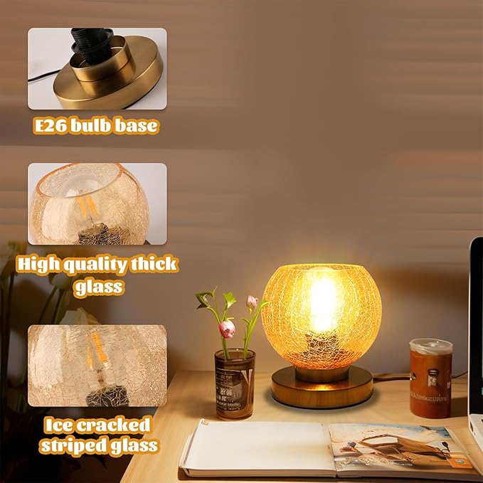 Modern Table Lamps Gold Desk lamp with Amber Crackled Glass Shade Globe Table lamp Art Deco lamp nightstand lamp Small Table lamp for Bedside Bedroom Living Room Office