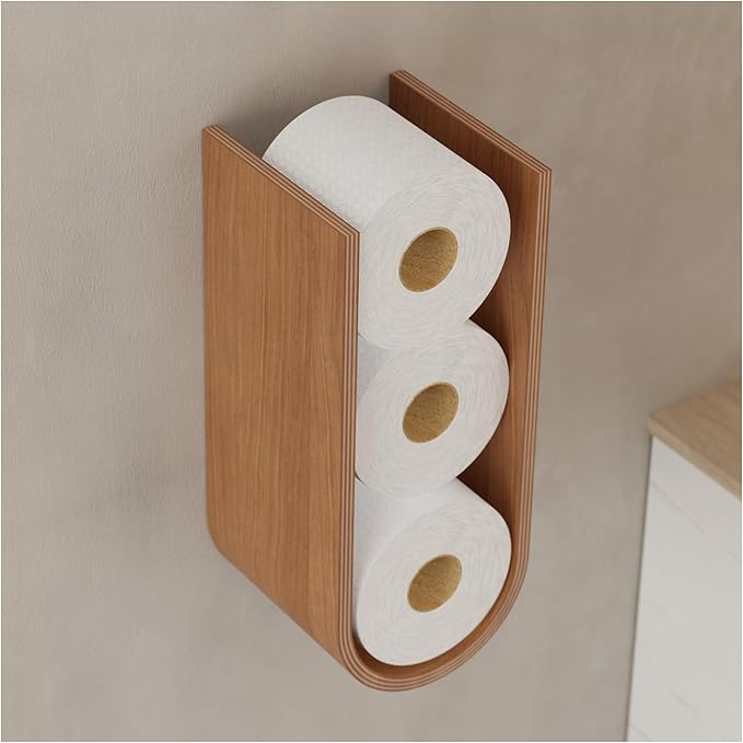 Wood Toilet Paper Holder Wall Mount for Multiple Rolls, Spare TP Roll Shelving, Walnut Floating Wall Display Shelf, Hanging Storage Shelves for Tissue (Cherry)