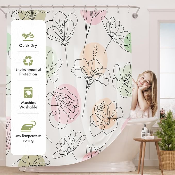 AmazerBath Floral Shower Curtain, 72"x72" Washable Cloth Spring Black Ink Blooms Shower Curtain with 12 Metal Hooks, Farmhouse Fabric Rustic Colorful Flower Shower Curtain Set for Bathroom Decor
