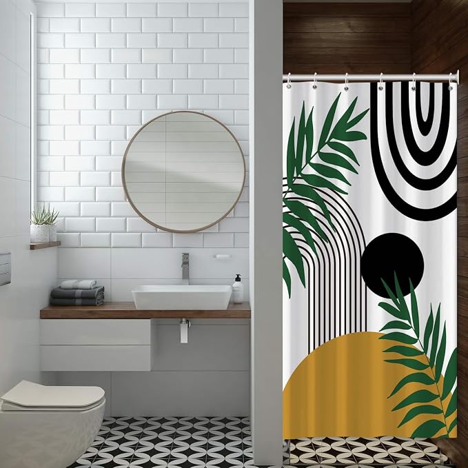 Boho Mid Century Shower Curtain Bohemian Abstract Modern Sun Bathroom Curtain Geometric Arch Curve Leaves Polyester Shower Curtain Sets for Bathroom Extra Long 54x72 in with 10 Hooks