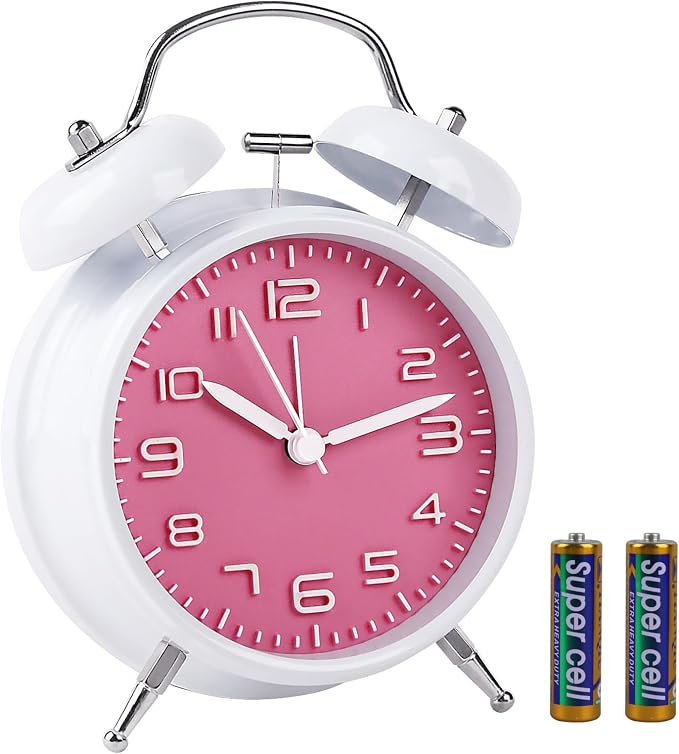 pxy Loud Alarm Clock for Heavy Sleepers 3D Dial Battery Operated (Battery Include), 4" Super Silent Analog Alarm Clock for Kids with Night Light PT260 Silver OrangePT505 White Pink