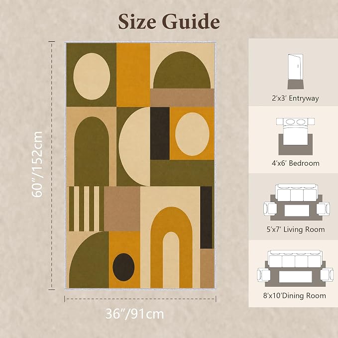 Olive Bauhaus Area Rug 3x5, Mid Century Modern Geometric Rug, Mustard Green Abstract Color Block Washable Low Pile Non Slip Rug for Living Room Bedroom