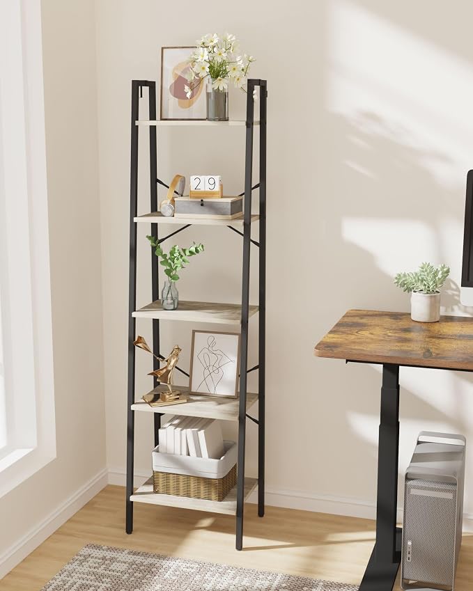 Hzuaneri Ladder Shelf, Bookshelf Bookcase, Freestanding Corner Storage Shelve with 2 Hooks for Home Office, Living Room, Kitchen, Bedroom, Industrial, 11.8" D x 17.3" W x 63" H, Greige BC19205B