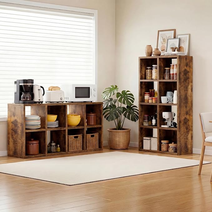 LUCKLIFE 8-Cube Storage Organizer, Stackable Modular Bookcase Shelf with Vertical or Horizontal Use, Fits 11×11" Bins, Optional Back Panels, for Living Room, Office, Vintage Brown
