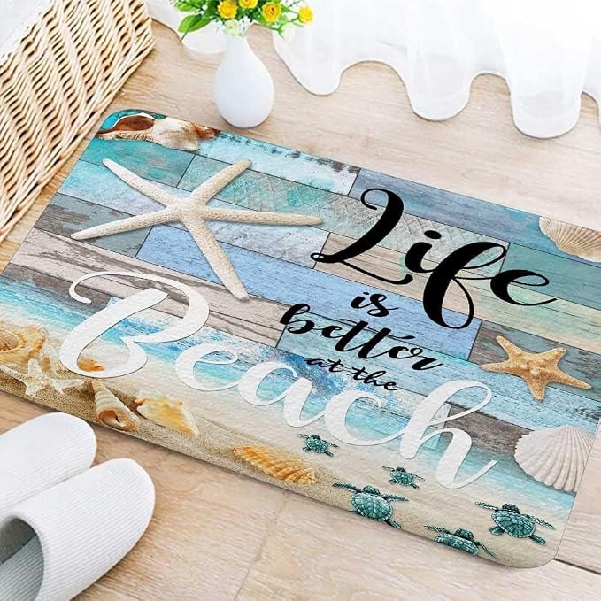 Beach Starfish Sea Shell Ocean Bathroom Rugs Mat, Non Slip Rustic Beach Bath Rugs for Bathroom, Durable Rustic Wooden Flannel Mat Rug, Absorbent Water Clearance Mats for Laundry Room Kitchen,16X24