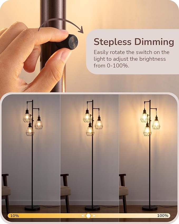 EDISHINE 70IN Industrial Floor Lamps for Living Room, Dimmable Farmhouse Corner Reading Lamp, Diamond-Shaped Lampshade, 3 LED Edison Bulbs Included, Rustic Tree Standing Lamp for Bedroom, Brown