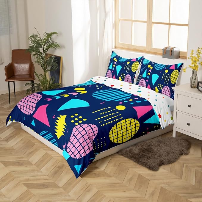 80s Bedding Set Memphis Pattern Old Fashion Comforter Cover,Vintage 90s Memphis Style Duvet Cover Abstract Geometric Pattern Retro Bed Set Full,Rainbow Urban Modern Circles Triangle Room Decor