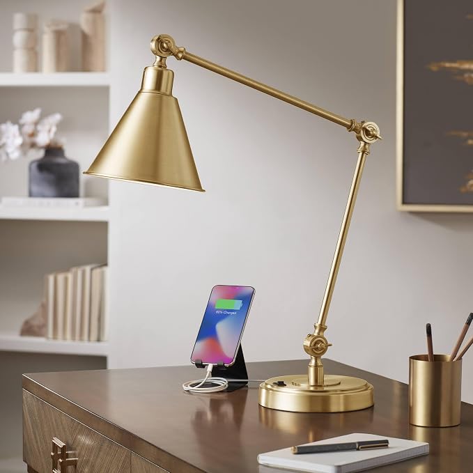 360 Lighting Wray 26 3/4" High Modern Desk Lamp with USB Charging Ports A+C Warm Brass Gold Metal Adjustable Arm Head for Bedroom Living Room House Bedside Home Office Reading Family