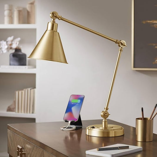 360 Lighting Wray 26 3/4" High Modern Desk Lamp with USB Charging Ports A+C Warm Brass Gold Metal Adjustable Arm Head for Bedroom Living Room House Bedside Home Office Reading Family