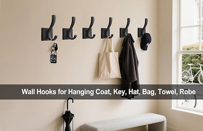 TOFIIGREM Black Hooks for Wall Towel Hooks, Heavy Duty Thick Aluminum Alloy Entryway Coat Hooks for Hanging Key Robe Hat Backpack, Wall Mount Towel Hooks Bath Kitchen Garage Hooks(4 Pack, Black)