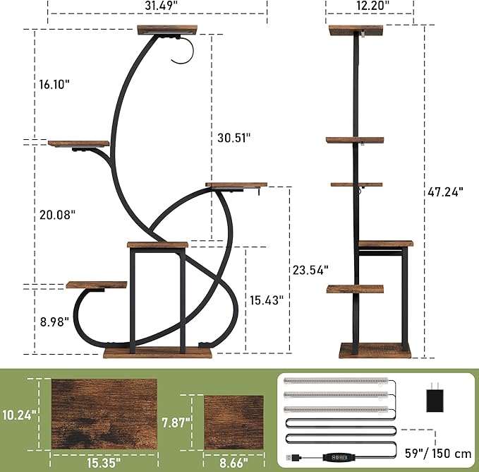 Plant Stand Indoor with Grow Lights, 6 Tiered Corner Plant Shelf , 47'' Plant Stands for Multiple Plants, Metal Curve Shaped Plant Holder Display Rack , Flower Stands for Living Room Patio Home Decor