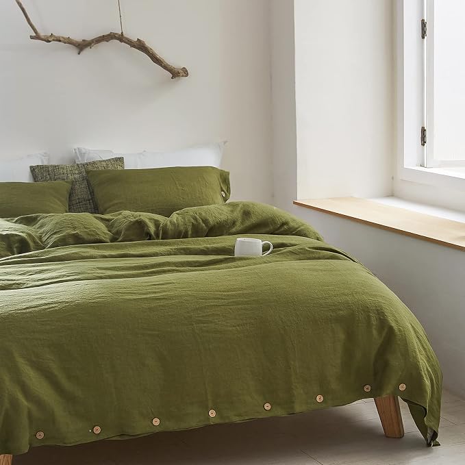 Simple&Opulence 100% Linen Duvet Cover Set 3pcs with Coconut Button Closure Natural French Washed Flax Solid Color Soft Breathable Farmhouse Bedding - Olive Green, Full Size