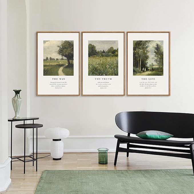 KaiWithYuan Christian Scripture Framed Canvas Wall Art Set, Jesus Bible Verse Posters Wall Decor, Vintage Monet Nature landscape Art Paintings for Living Room Bedroom Dining Room Prayer Room 16"x24"x3
