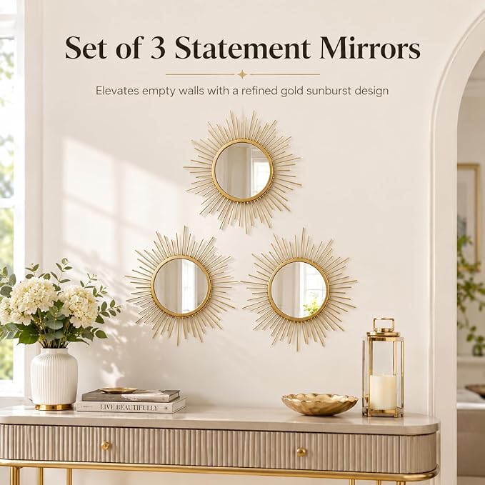Gold Sunburst Mirror Set of 3, 3PCS Metal Round Decorative Wall Mirrors, Starburst Accent Mirror Wall Decor for Living Room, Bedroom, Entryway, Hallway & Bathroom
